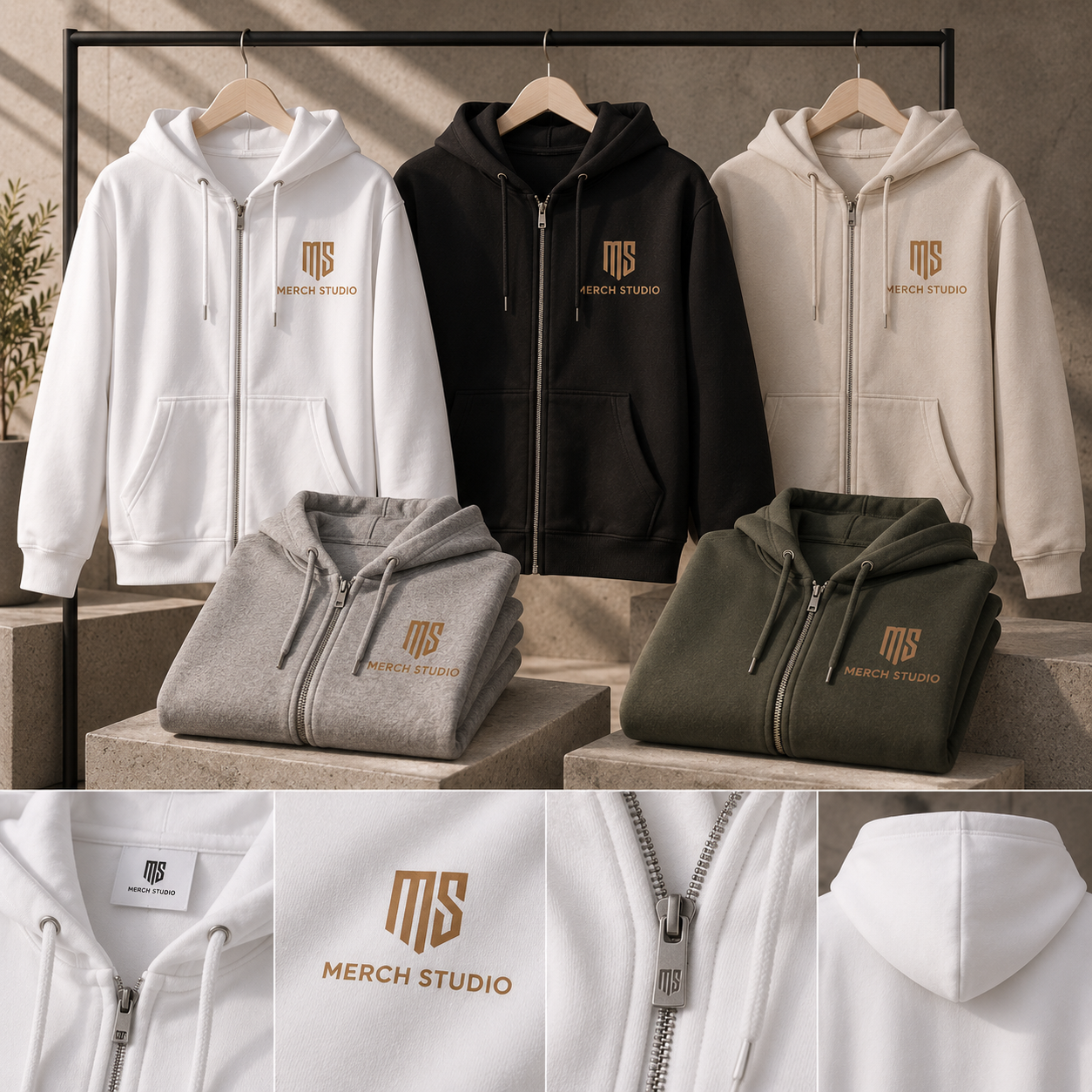 Zip-hoodies i vitt, svart, beige, grått och olivgrönt med Merch Studio-logotyp