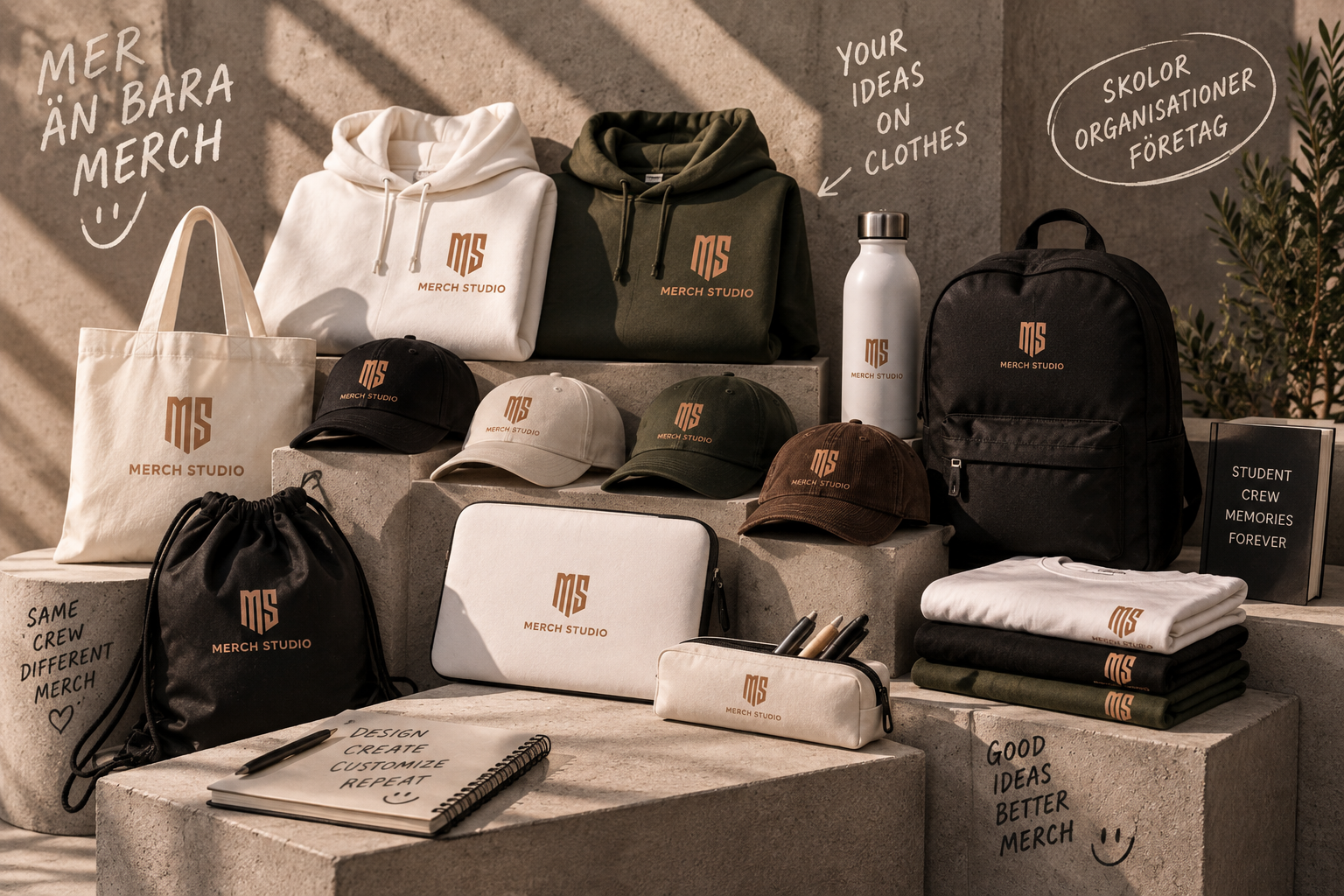 Merch Studio-kollektion med hoodies, kepsar, väskor och accessoarer