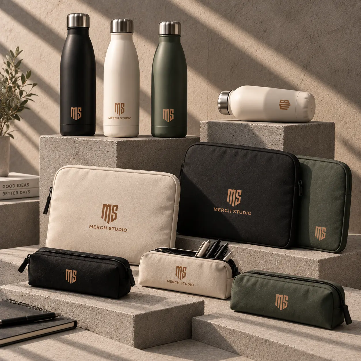 Merch Studio-flaskor och accessoarer i svart, off-white och grönt
